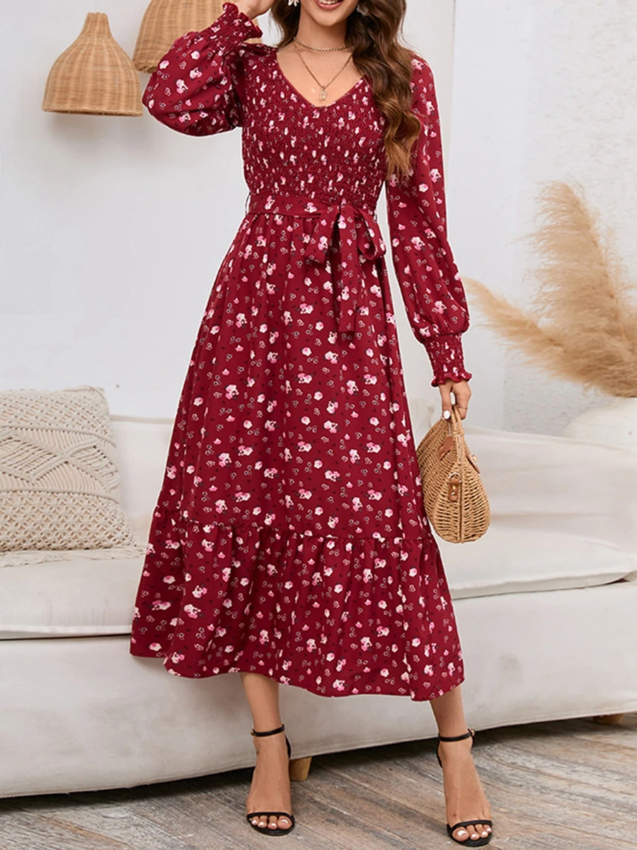 

Holiday style dresses fashion vintage womens boho 2024 spring new printing V-neck dress with Belt long skirt