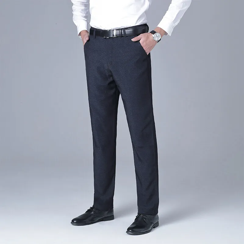 Business Casual Straight Trousers Men's Clothing Solid Color All-match Autumn Winter Commute Mid Waist Button Stylish Suit Pants
