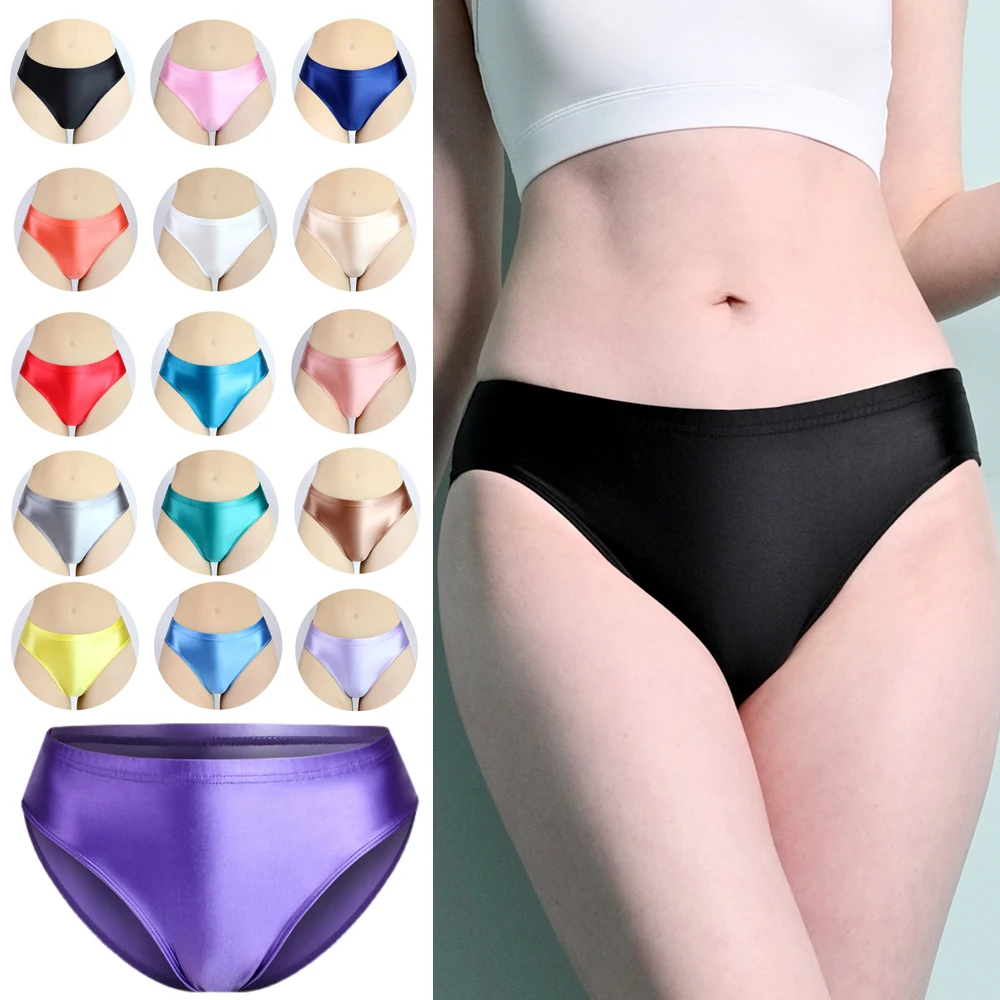 

Women Sexy Glossy Smooth Briefs Shorts Oil Opaque Gym Panties Satin Yoga Swimming Low Waist Underwear Knickers Tights Underpants