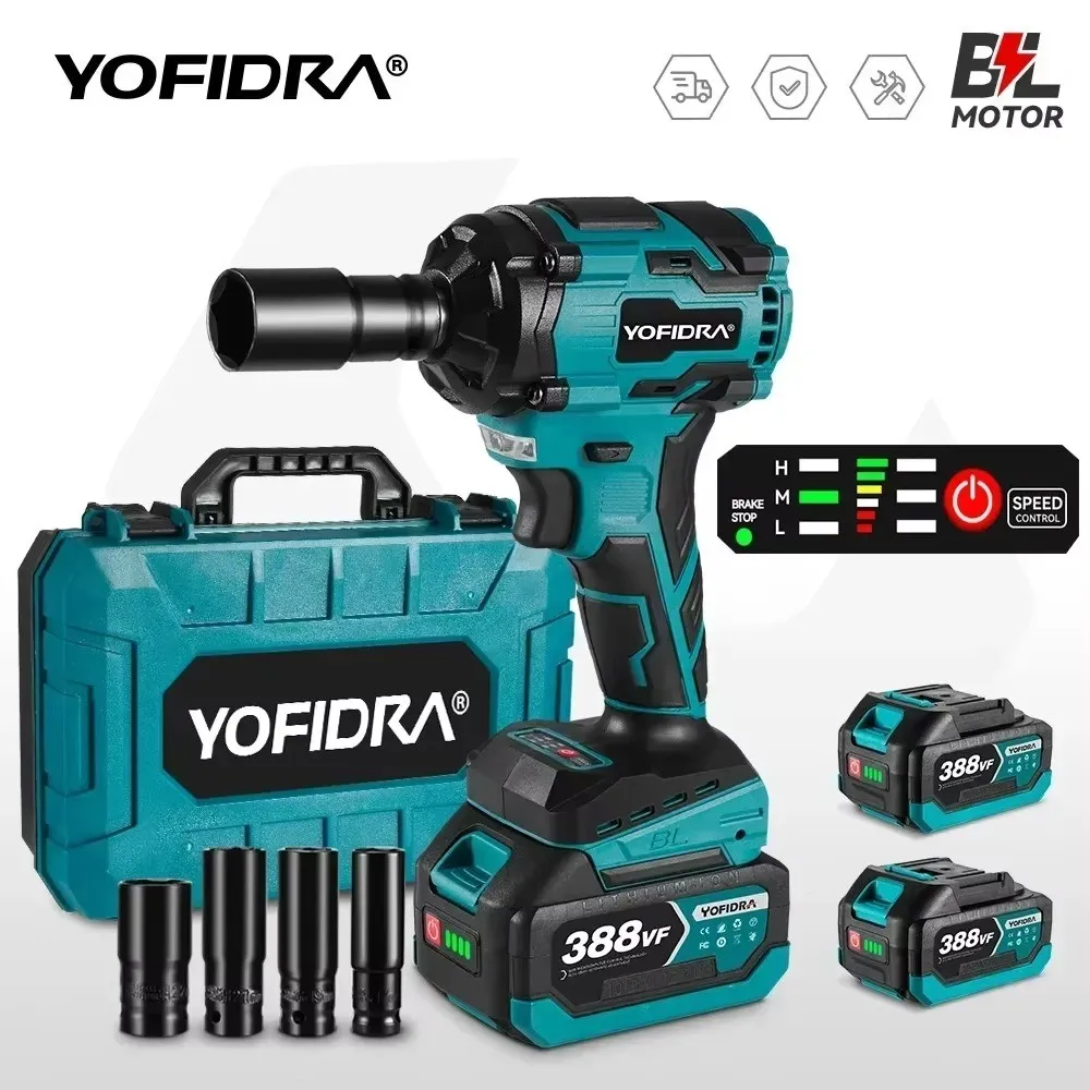 YOFIDRA Chave de Impacto Elétrica Brushless 1000N.M 1/2 Polegadas 3 Funções Sem Fio Parafusadeira Furadeira Compatível com Bateria Makita 18V Pino