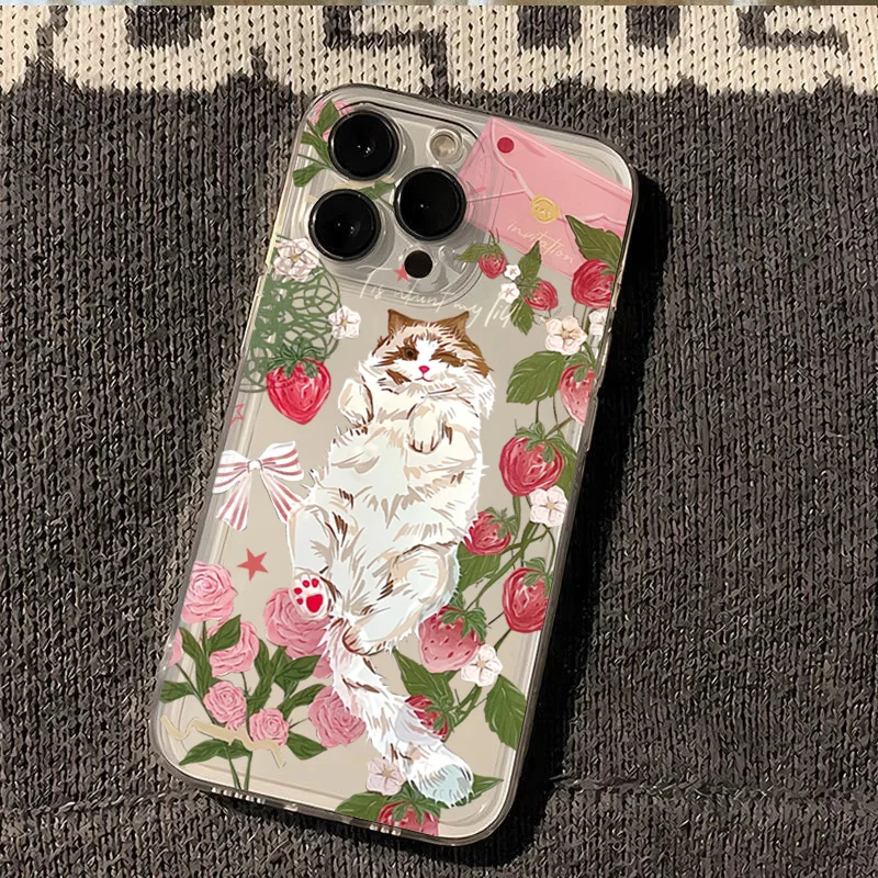Korean Painted Cat Strawberry Case - Artistic Design Protective Phone Cover