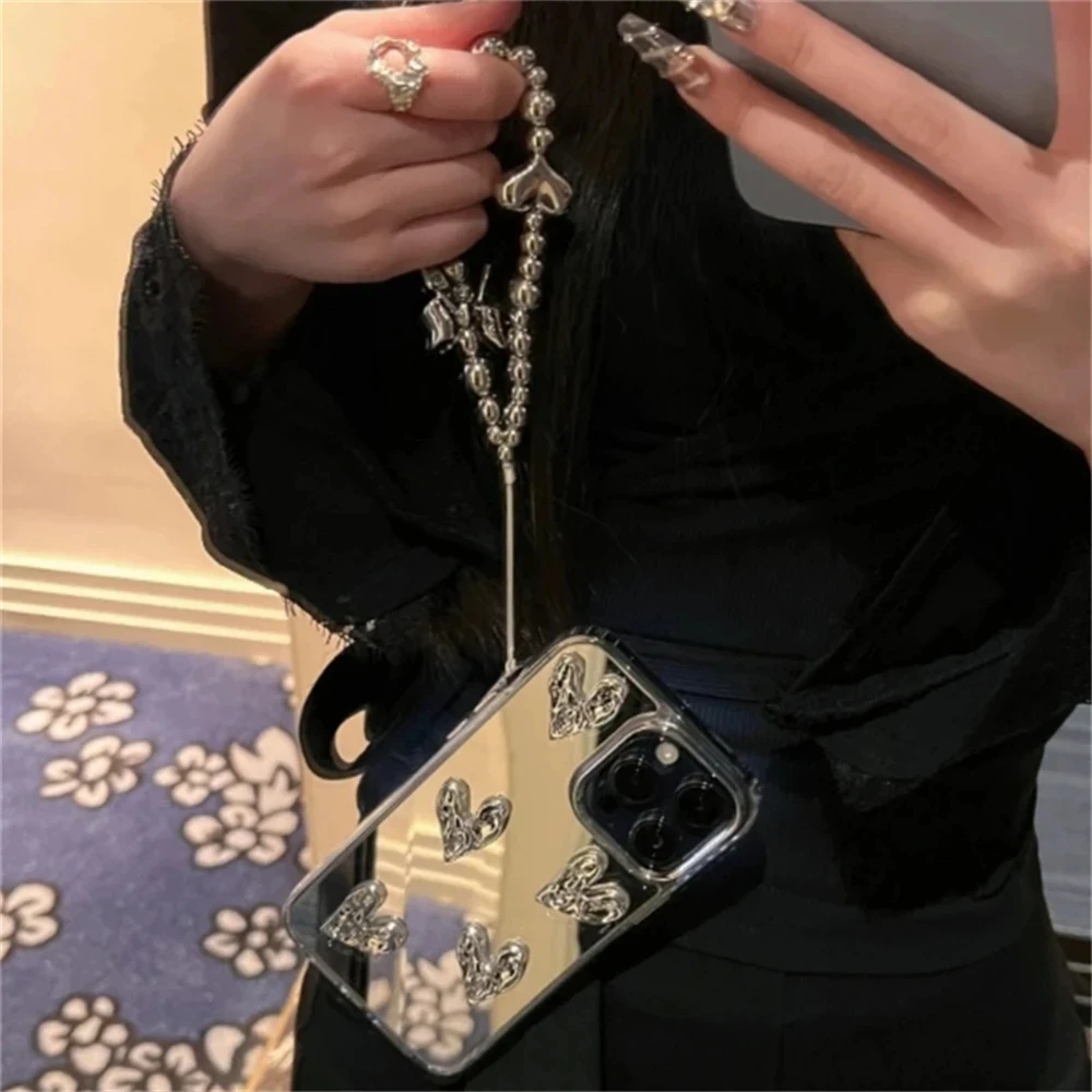 Stylish 3D Love Heart Bracelet Phone Case with Silvery Mirror Finish
