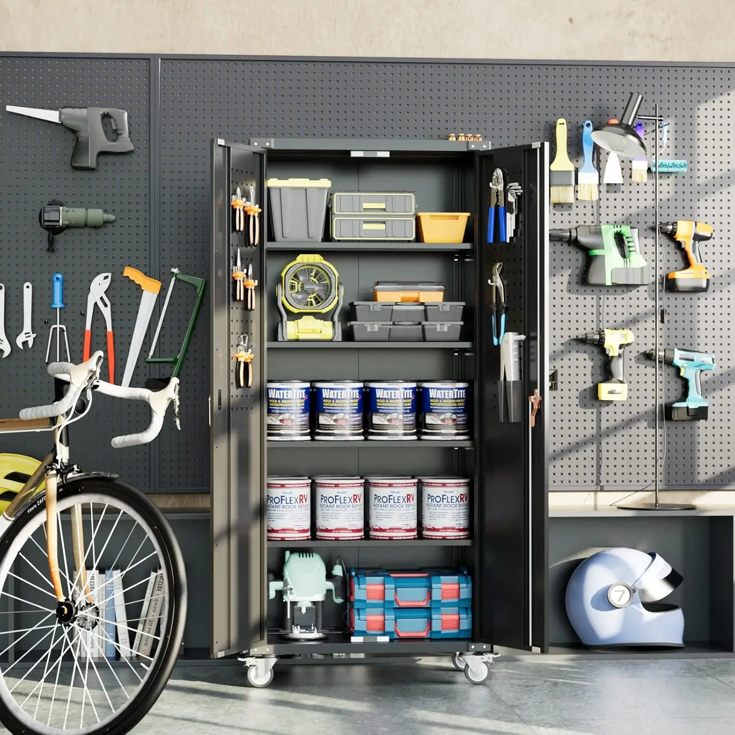 Tool cabinet Metal Garage Tools Storage Cabinet with Wheels 72" Tall Lockable Garage Cabinet with Pegboard & 4 Hooks Adjustable 2