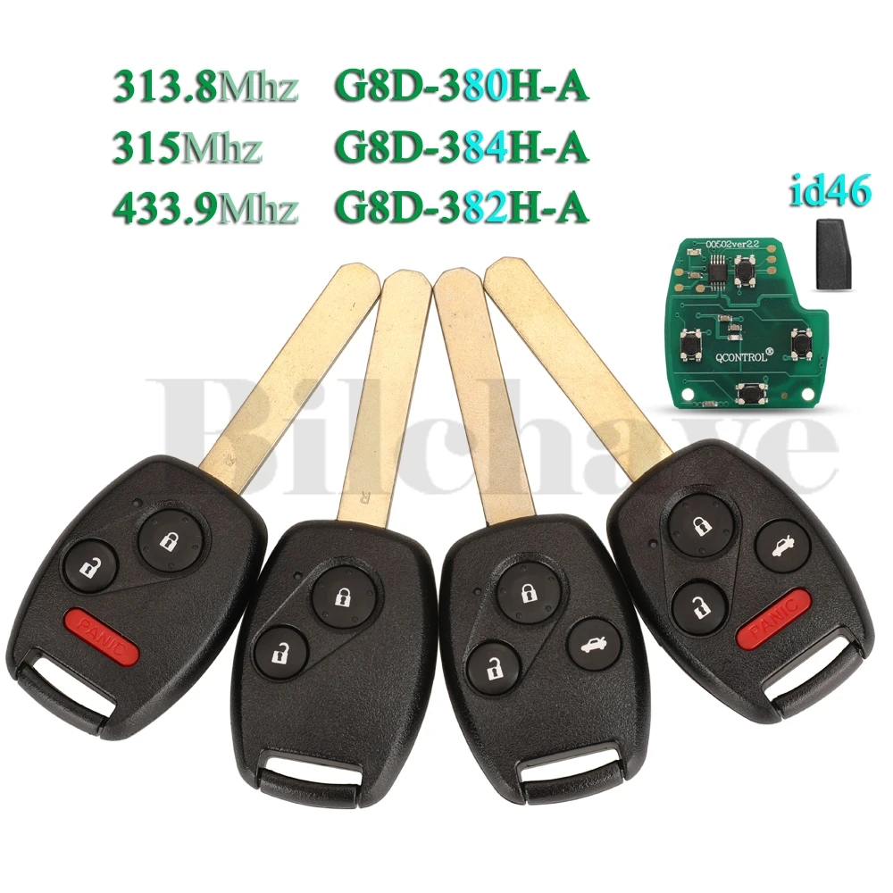 

jingyuqin G8D-380H-A /382H /384H for Honda Accord Element CRV HRV City Odyssey Civic 313.8/315/433.92Mhz ID46 Remote Car Key