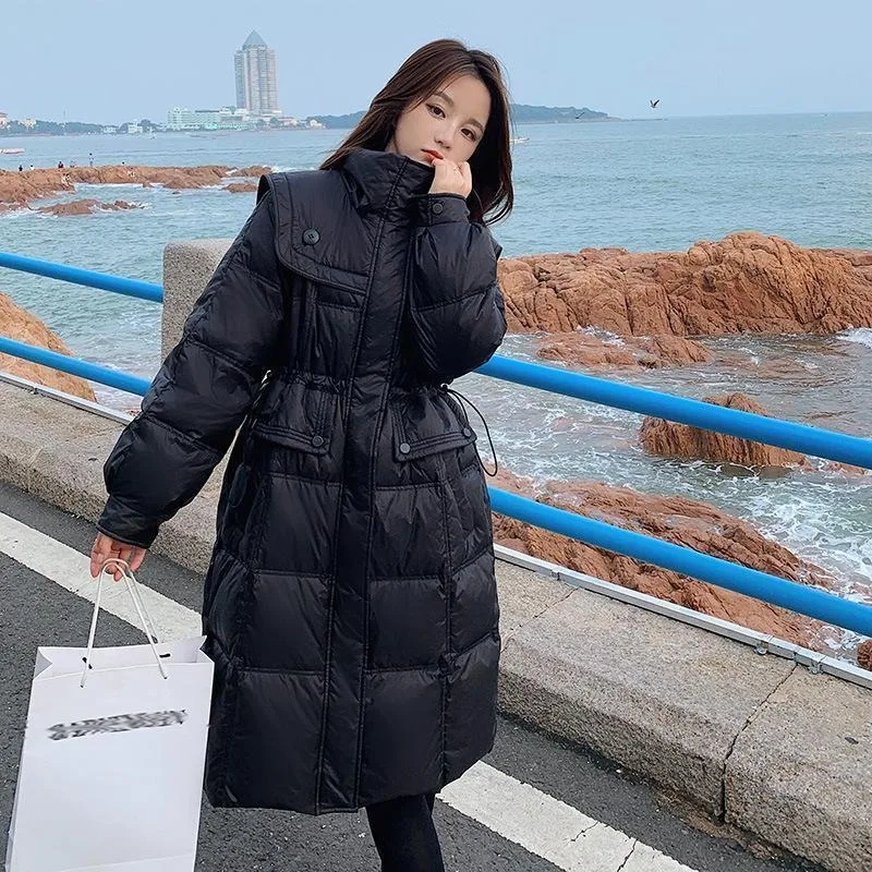 2023 New Women Down Jacket Winter Coat Female Warm Thick Parkas Mid Length Version Loose Outwear Stylish Navy Collar Overcoat