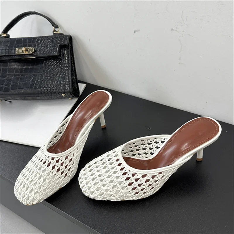 766552-f7156e.jpg Eilyken Summer Hollow Out Breathable Mesh Weaving Women Slippers Fashion Thin Heels Party Dress Mule Shoes Large Size 43 - Image 1