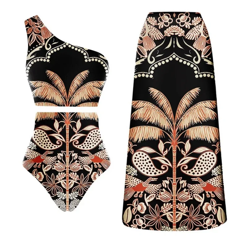2024New Hot Spring Sexy One-Piece Swimsuit Women's Conservative Warm Printed Swimsuit Wrap Skirt Suit