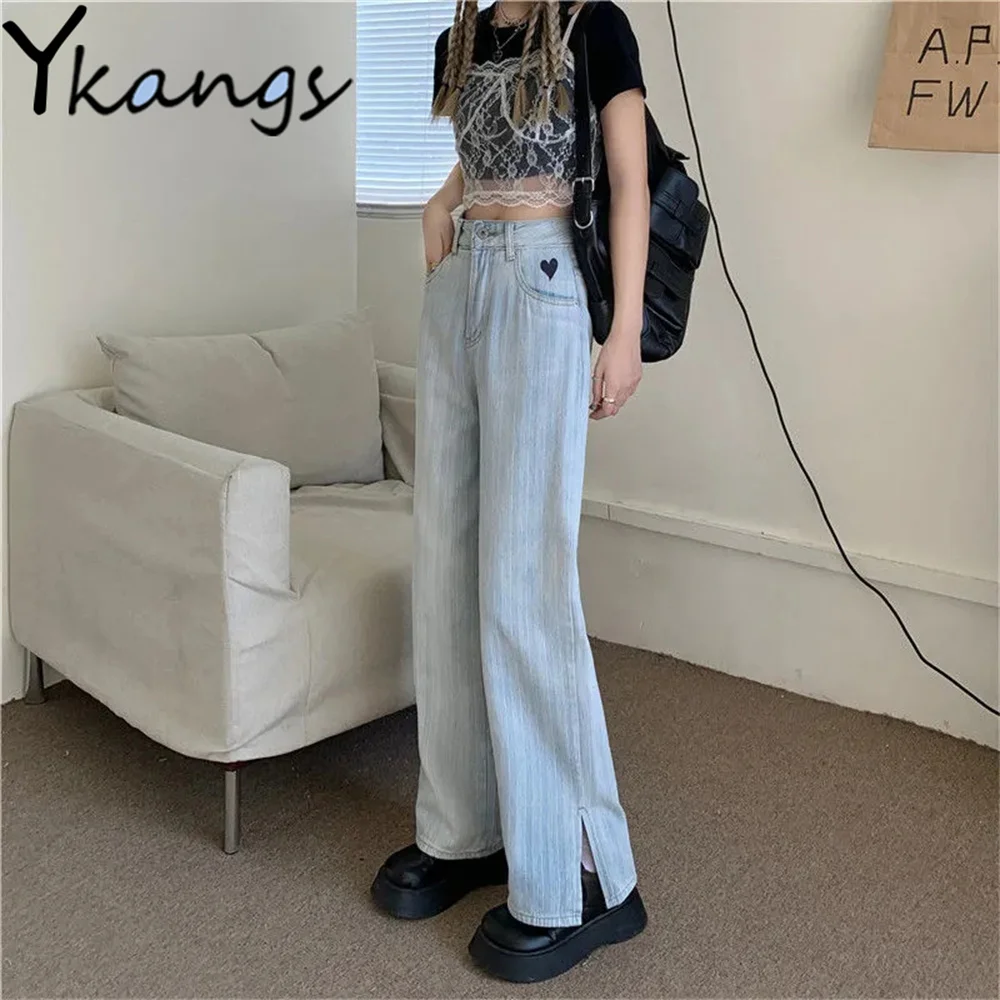 

Vertical Striped Split Jeans Loose Vintage All-Match Wide Leg Denim Trousers High Waist Kawaii Love Print Straight Cowboy Pants