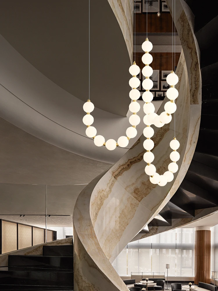 Post-modern Art Designer Creative White Beads Necklace Chandelier Hotel Lobby Restaurant Pendent Ceiling Lamp Brass