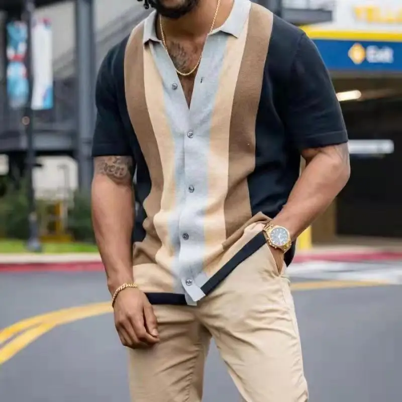 New Stripe Men Summer Shirt Hot White Print Knit Cotton Short Sleeve Tops Casual Daily Chic Luxury Tees Shirts Male Clothing