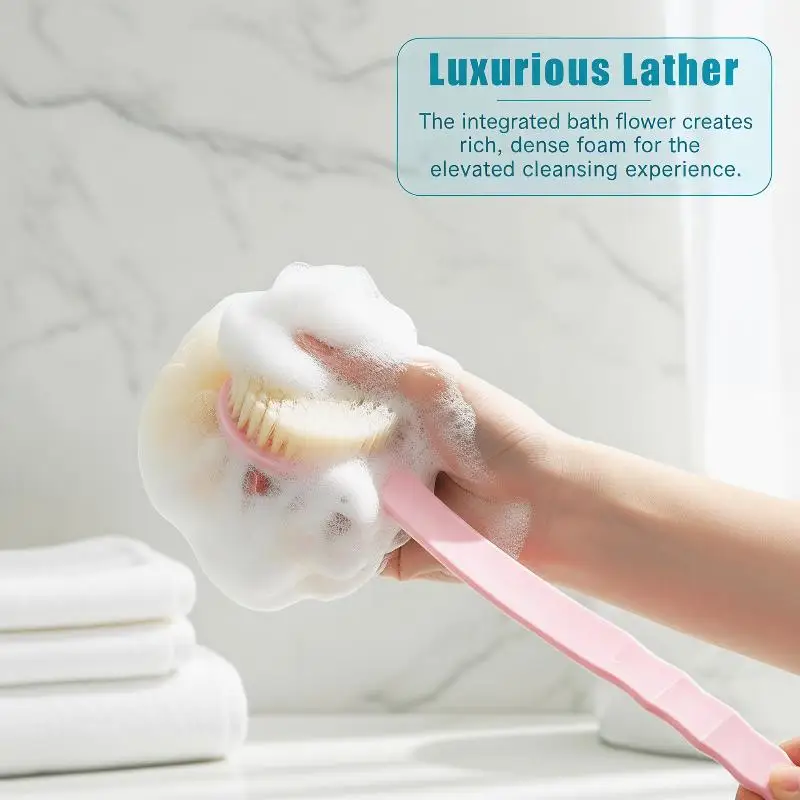 △ Spazzola da bagno morbida in luffa e setole per donne e uomini - Spazzola da doccia curva con manico lungo per il corpo, il viso e il lavaggio spa - immagine 5