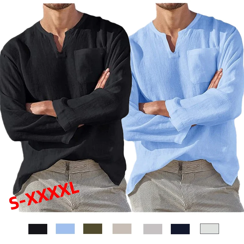 

Fashion Men's V-neck Shirts Solid Color Long Sleeved Shirts Sports Pullover Casual Polo Shirts Plus Size S-4XL