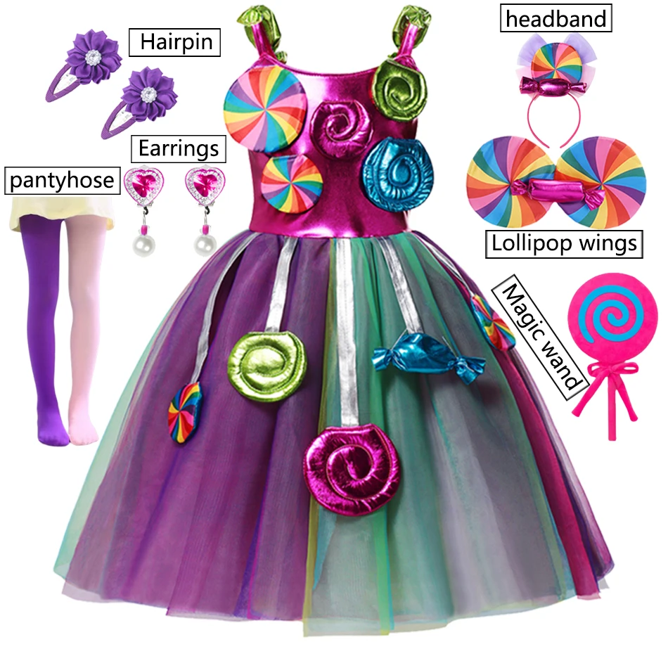 

Girls Birthday Lollipop Fantasy Dress Children Carnival Rainbow Candy Costume Princess Party Frock The Festival of Purim