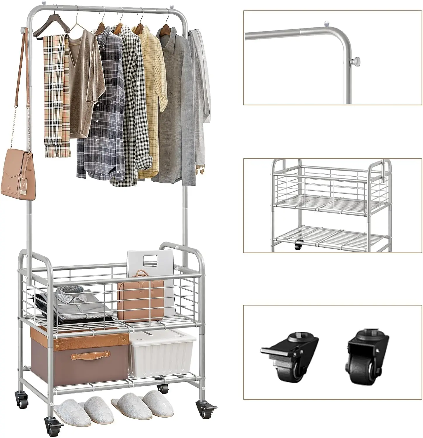 Laundry Basket with Wheels Rolling Laundry Hamper Laundry Sorter Cart Shelf Hanging Rack,Grey 6