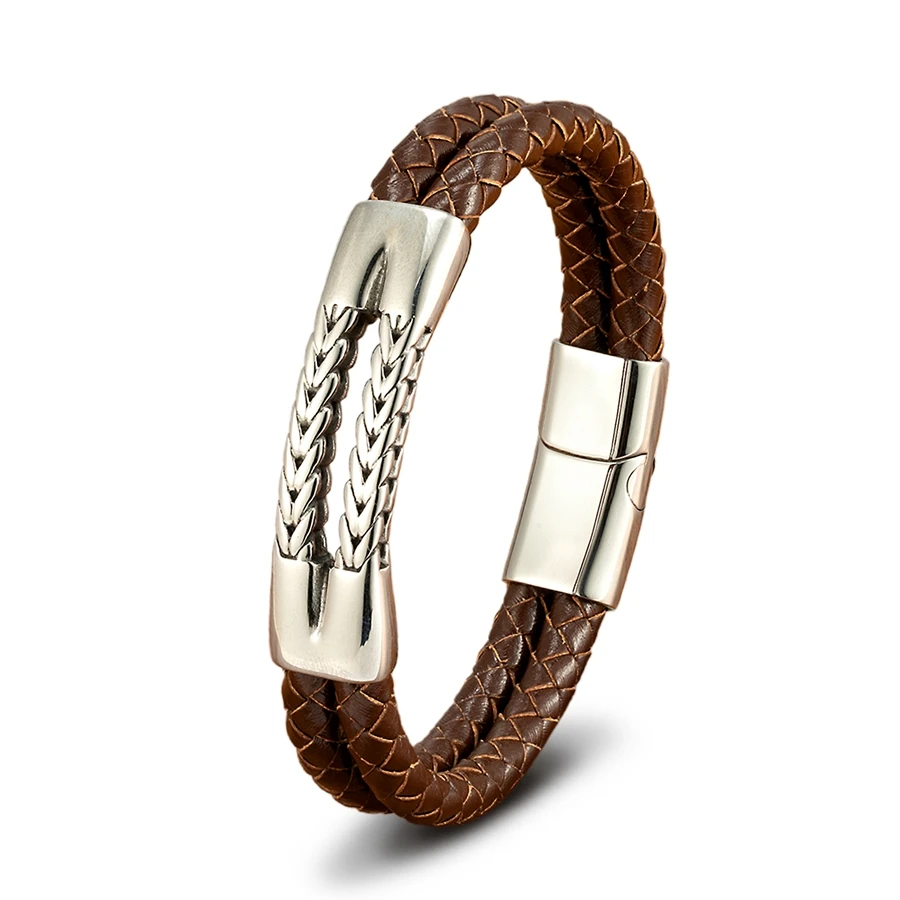 TYO Herrenarmband aus Edelstahl mit doppellagigem Echtleder, Nische und minimalistischem Design aus Gold und Stahl – Detail 10