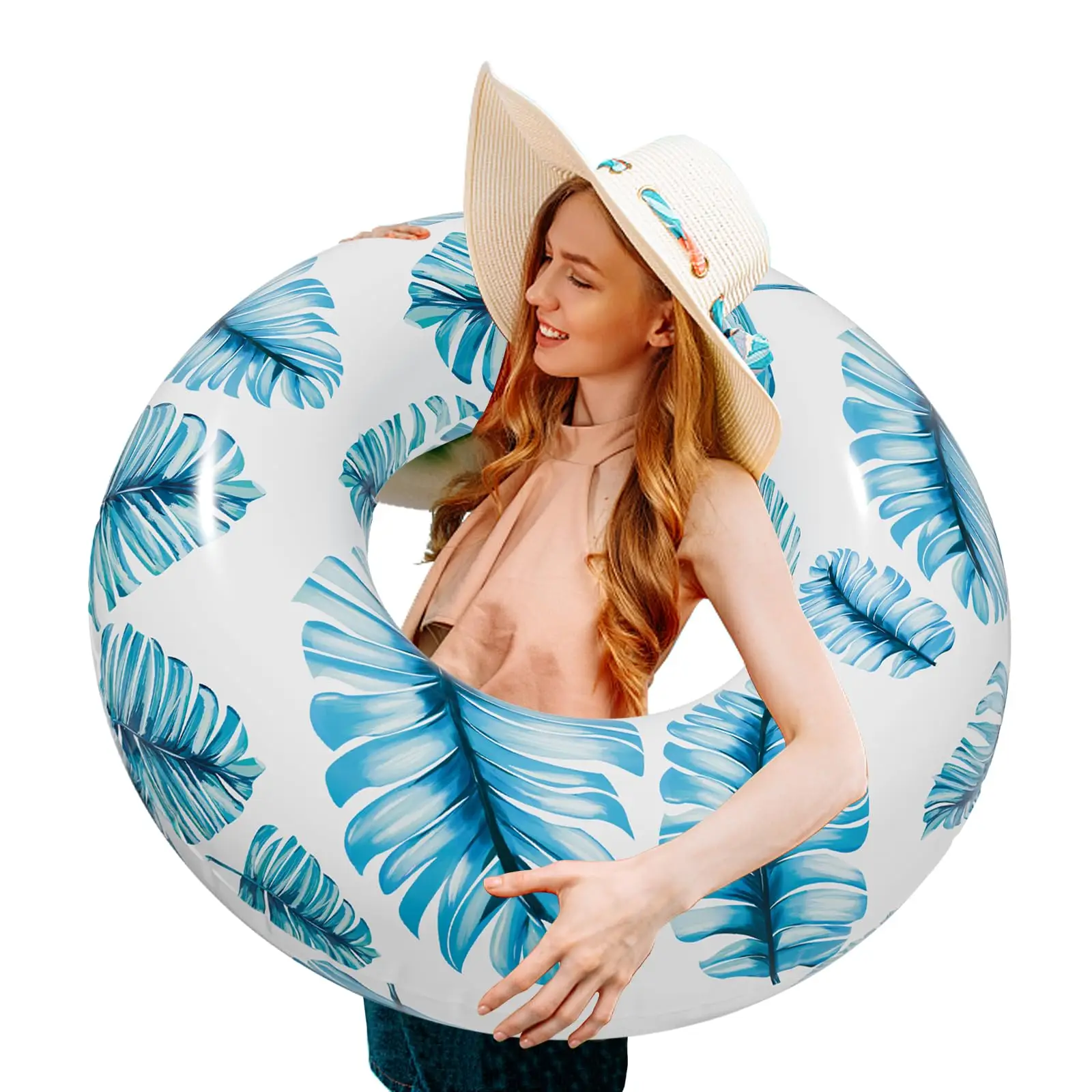 Inflatable Pool Float Rings-Pool Floats-For Children and Adults Swimming Ring with Summer Leaf Painting