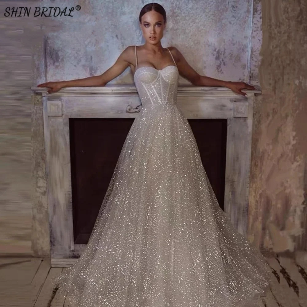 

SHIN BRIDAL Sequin Spaghetti Strap Evening Dresses for Women Sweetheart Sparkly Prom Dresses Sleeveless Backless Wedding Dresses