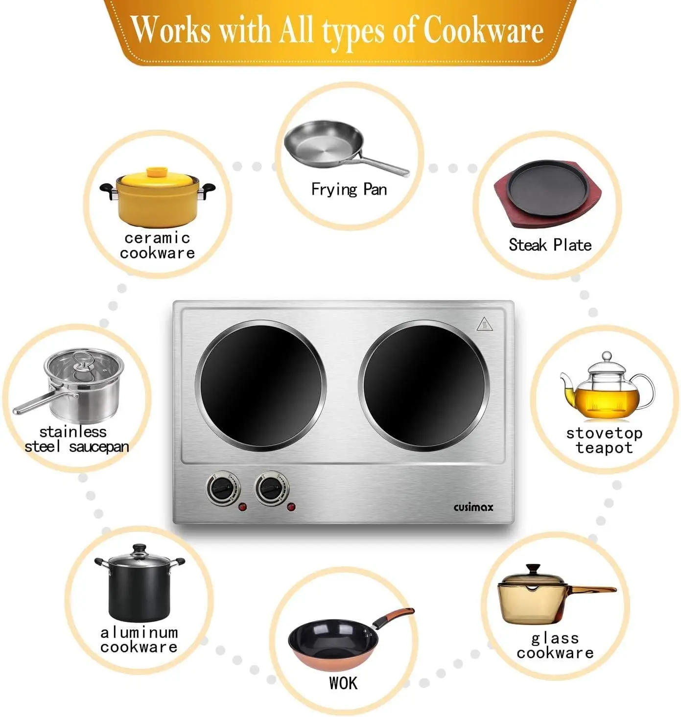 Dual burner, CUSIMAX 1800W ceramic cooking electric heating plate, portable countertop burner 4