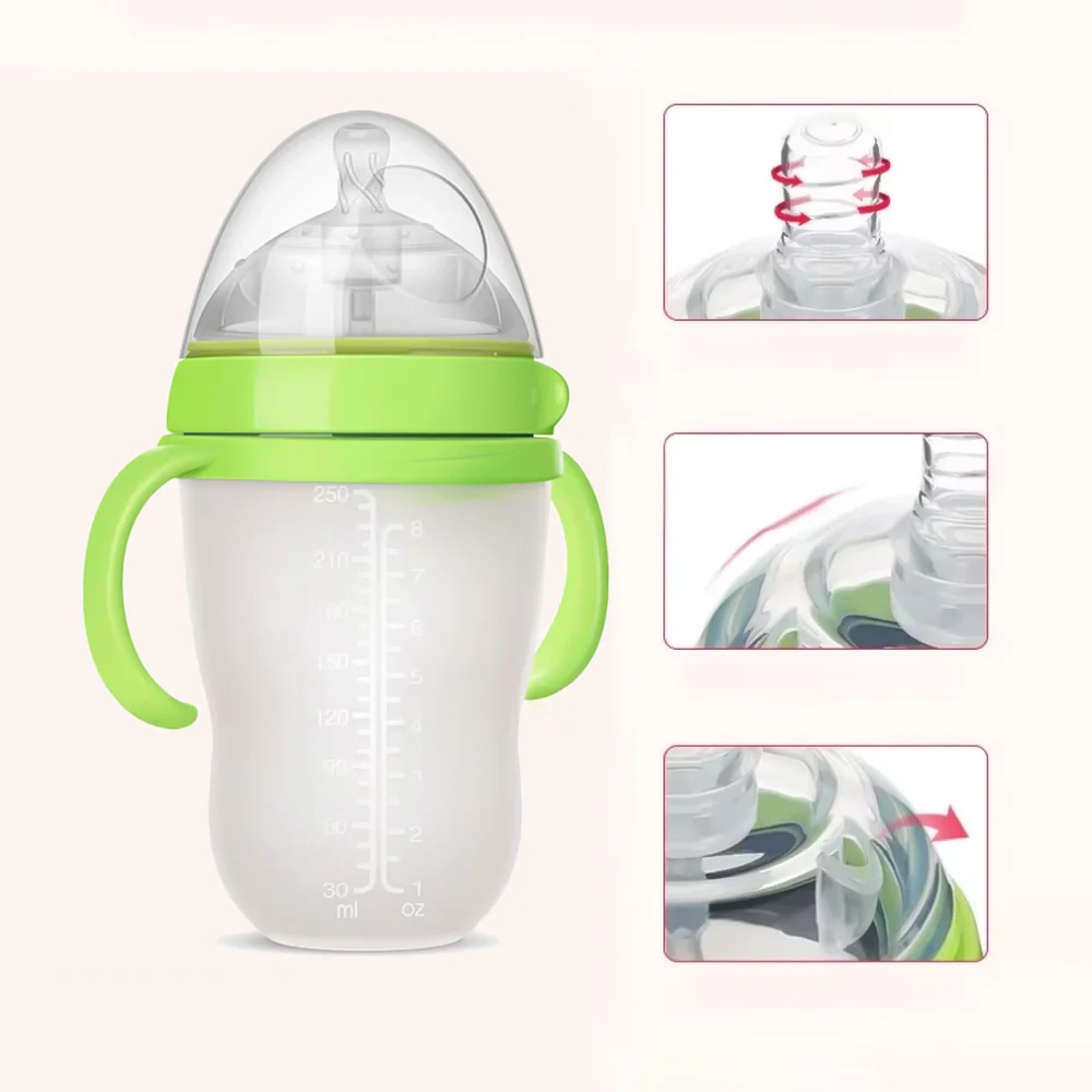 1Pcs baby bottle with handle 150/240ml nano silver wide mouth bottle newborn feeding silicone bottle BPA free water bottle milk bottle feeding bottle