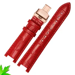 Cowhide Leather Strap Concave Watchband with Calfskin Bracelet and Butterfly Buckle - 18x10mm (Red rose buckle)