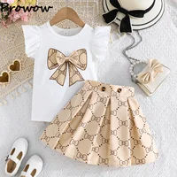 Prowow Girl School Outfit Flutter Sleeve Front Bow T-shirt and Vintage Printed Skirt Summer 2pcs Set For Children Clothing Girls