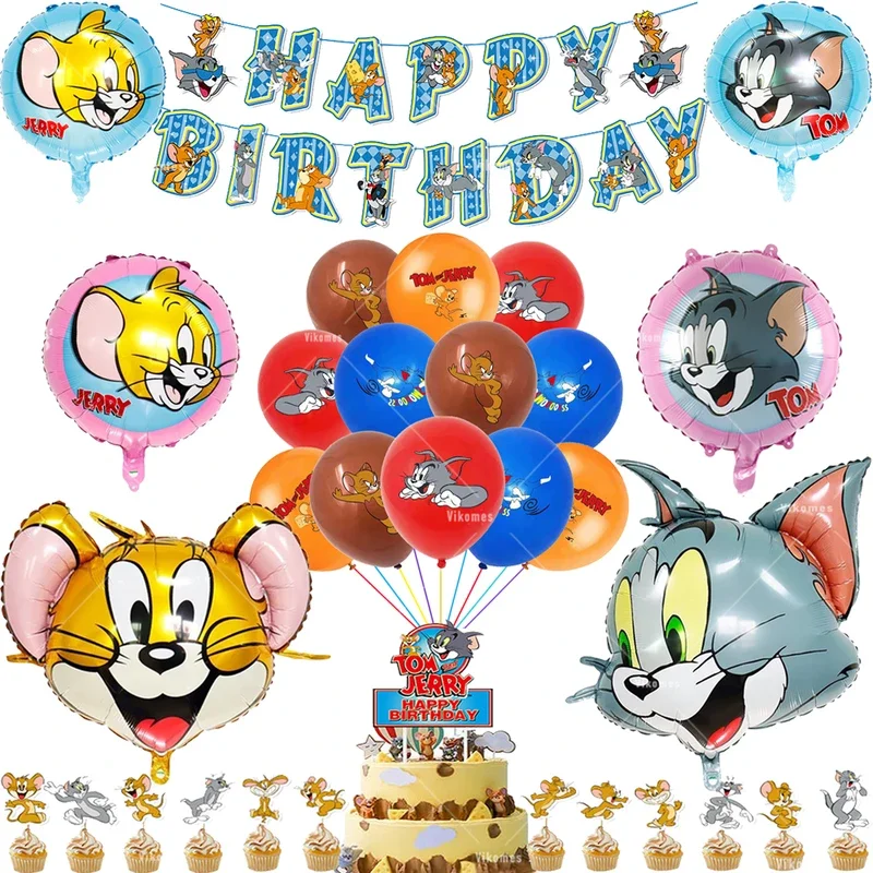 Disney Tomed And Jerryed Balloons Happy Birthday Banner Party Decoration Cat Mouse Cake Topper Kids Tableware Background Ballons