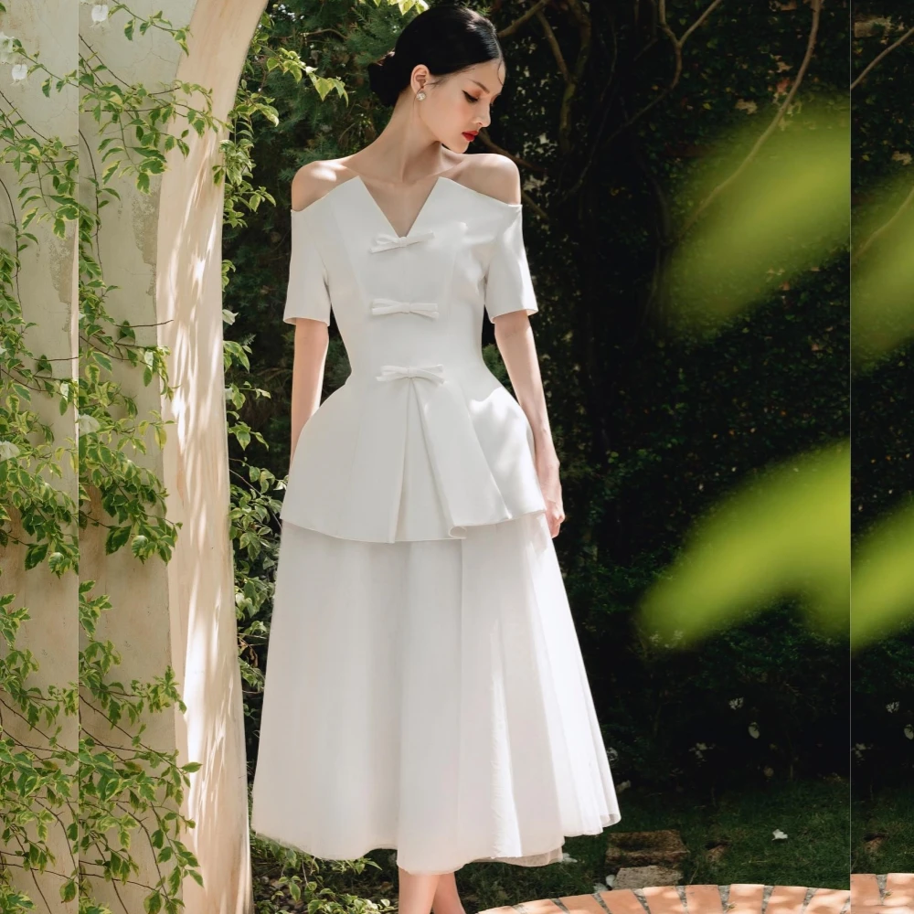 Jersey Pleat Bow Christmas A-line Off-the-shoulder Bespoke Occasion Gown  Midi  Dresses