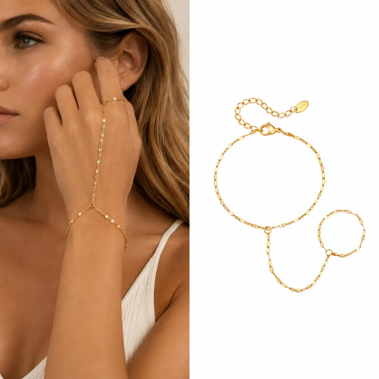 Elegant Bohemian Gold Plated Ring Bracelet Chain – Stainless Steel, Waterproof Beaded Jewelry