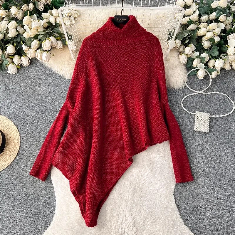 

Women's Irregular Turtleneck Sweater, Loose Casual Top, Bat-Sleeve Knitted, Mid-length, Niche Design, Autumn and Winter Fashion