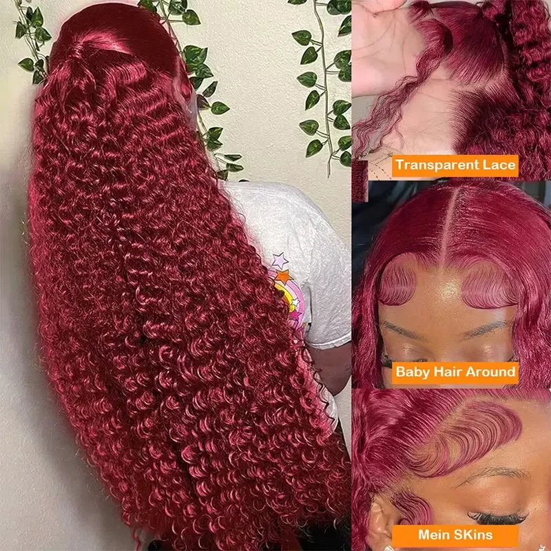 13x4 99J Burgundy Deep Water Wave Lace Front Wig 200 Density Curly 28 Inch 13x6 Lace Frontal Human Hair Wig Red Wine For Women