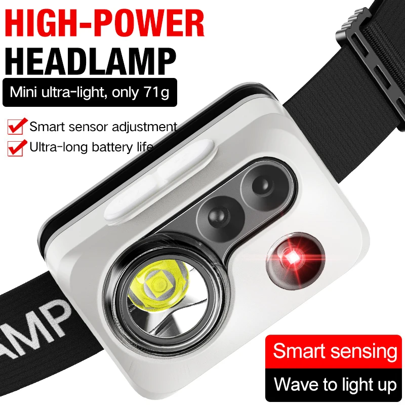 미니 강력 하이킹 캠핑 헤드램프 USB C 충전식 헤드 라이트 LED 센서 헤드라이트 작업용 전면 헤드 램프