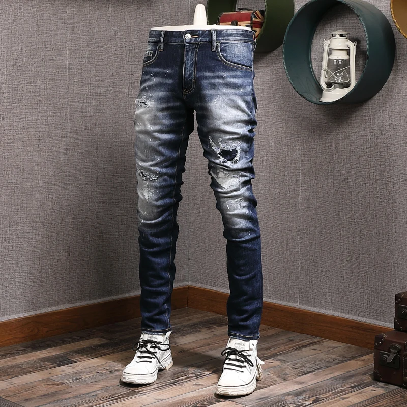 High Street Fashion Men Jeans Retro Blue Elastic Slim Fit Ripped Jeans Men Vintage Trousers Patched Designer Brand Pants Hombre