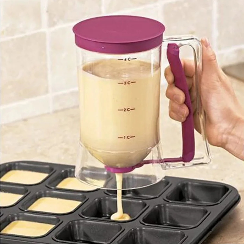 Batter Dispenser 900ml with Measuring Label and Squeeze Handle Bracket for Pancake Batter Cookie Cake Waffles