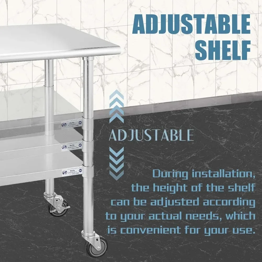 Stainless Steel Table for Prep & Work 24 X 48 Inches with Caster Wheels, with Undershelf and Galvanized Legs for Restaurant