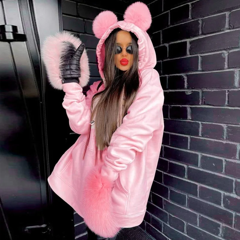 2021 European and American Women's Autumn and Winter New Fashion Solid Color Wild Cute Plush Ears Hooded Long-sleeved Sweater