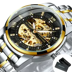 Luxury Diamond Dial Skeleton Automatic Men's Watch with Stainless Steel Strap (BOX GOLD BLACK)