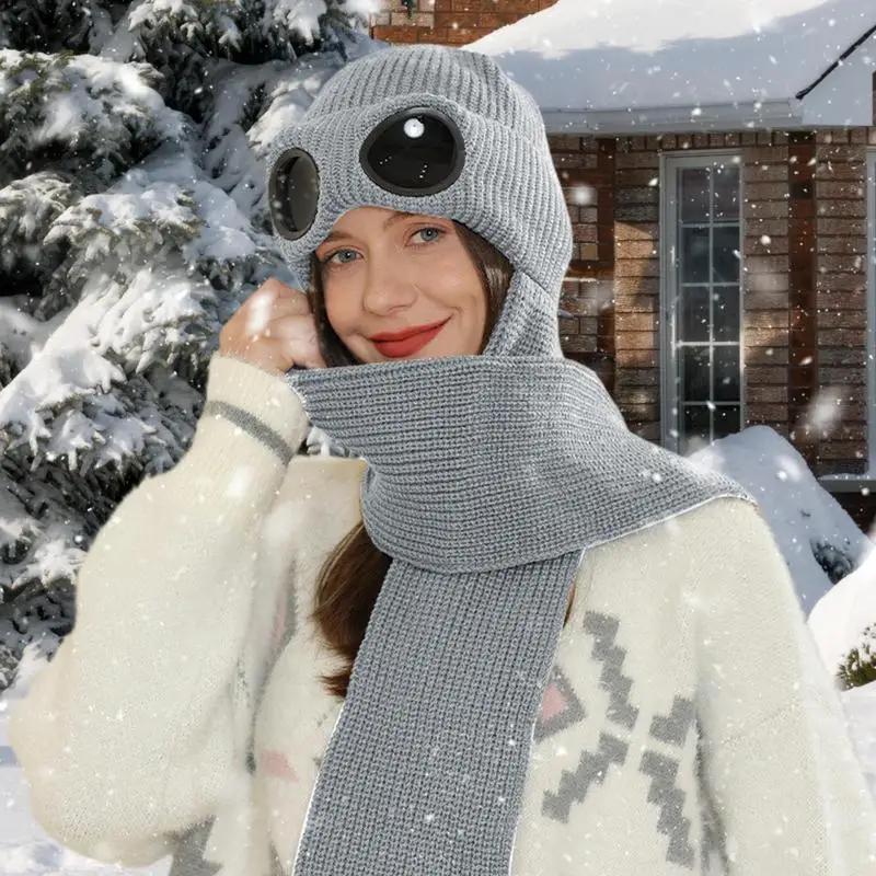 Integrated Ear Protection Windproof Cap Scarf Windproof Hats With Goggles Ear Protection Hat Soft Winter Knitted Hat