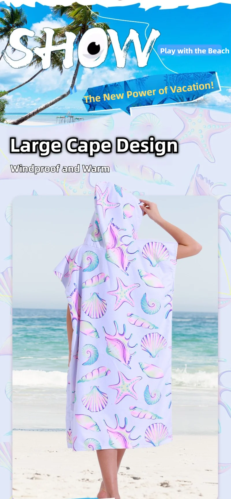 Bademantel im Ethno-Stil, Strandtuch, gewellt, gestreift, schnell trocknend, Badetücher, leichter Kapuzenumhang, Schwimmen, Surfen, Erwachsene, Damen, Herren, Poncho – Detail 1
