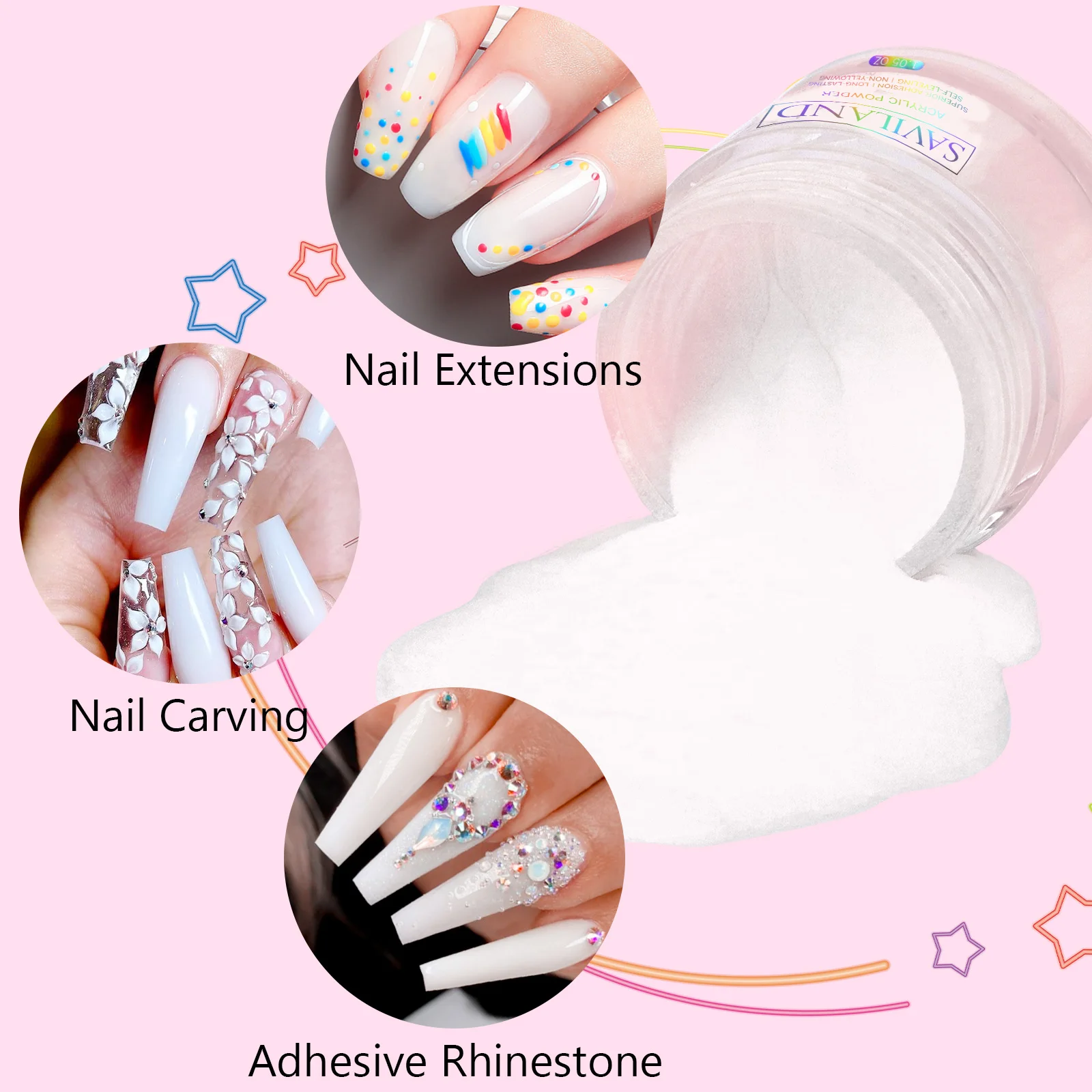 Saviland 30g Nail Acrylic Powder White Clear Carving Crystal Polymer Builder Nails Extension Art 3D Nail Art Polymer Powder 3
