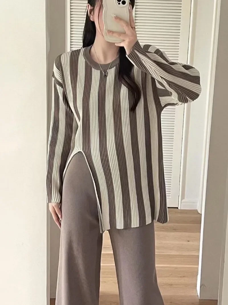 Striped Knitwear Fashion 2 Piece-Set For Women Contrast Long Sleeve Split Straight Trousers Outfits Women's Pants Sets