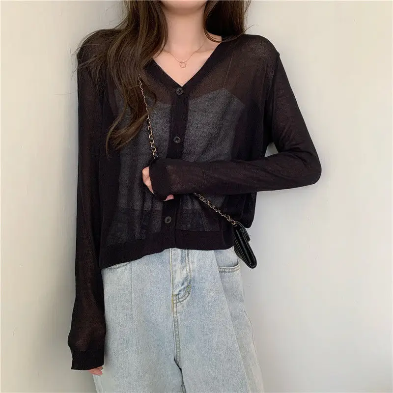 

2022 New Cardigan Women Long Sleeve Cardigan Summer Cropped Cardigan Knitted V neck Thin Sweaters Sunscreen Shirt Black