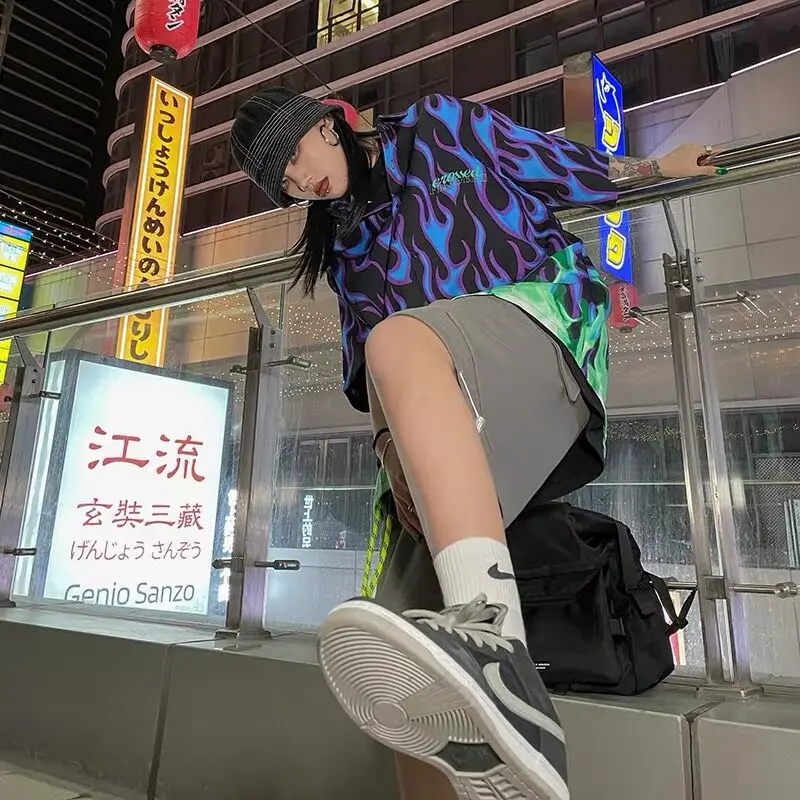 Men Women Japanese Harajuku Yamamoto Style Blouse Summer Streetwear Chic Tops Fashion Fire Flame Print Shirt Dance Hip Hop Tops