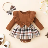 Infant Girl Rompers Dress Plaid Rib Knit Ruffles Long Sleeve Skirt Hem Jumpsuits Newborn Clothes Baby Bodysuits with Headband 3