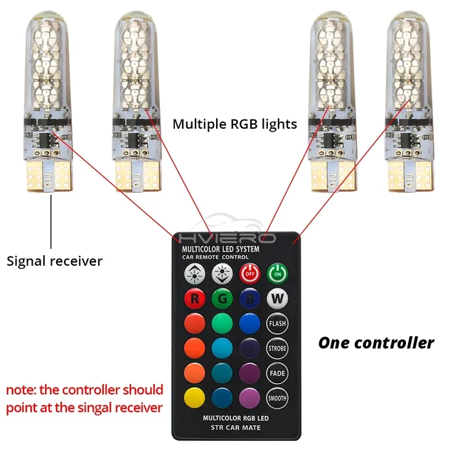 2/4X Car Signal Atmosphere Bulb T10 5050 6SMD Waterproof W5W Remote Controller RGB 194 168 Dome Light Silicone Wedge Side DC 12V 5