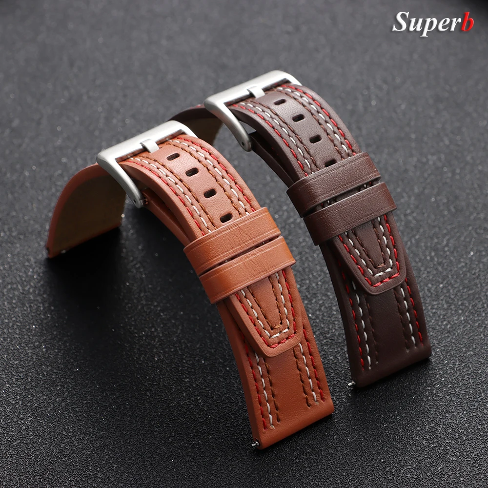 Colorful Stitching Genuine Leather Watch Strap, Universal Replacement, 20mm/22mm