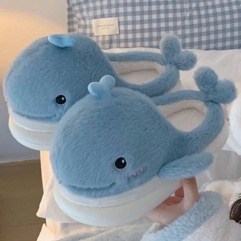 

Cute Whales Winter New Women Slipper Soft Heel Platform Fur Warm Indoor Comfortable Home Fluffy Home Slippers