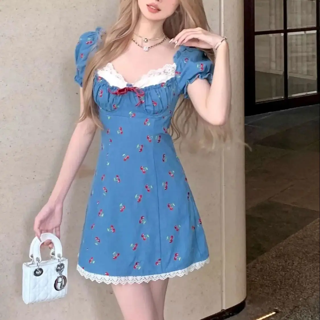 

Женское джинсовое платье с бантом, кружевное приталенное платье с пышными рукавами в виде вишни, облегающая короткая юбка в стиле ретро, лето