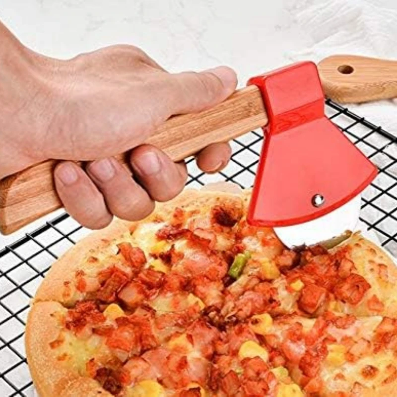 Stainless steel bamboo handle hatchet Pizza knife single wheel pizza knife plastic cookie baking tools handheld home pizza cutter,pizza knife