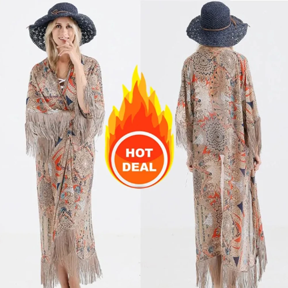 2023 Retro Printed Half Sleeve Chiffon Cardigan Kimono Boho Fringed Tassels Bikini Cover Up Ankle Length Cape Beach Swimsuit