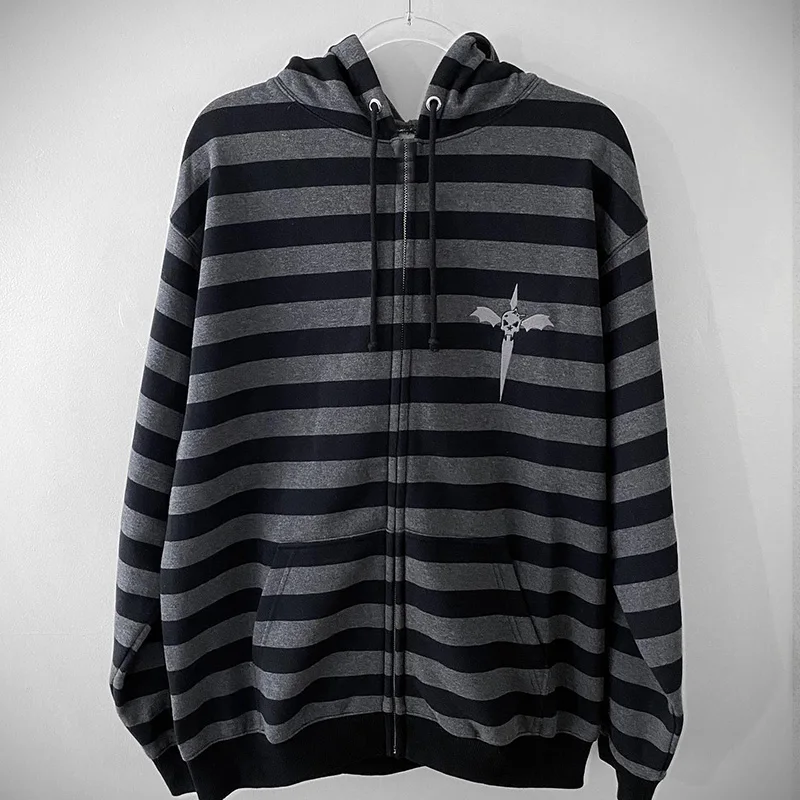 

Skull Clothes Women Hoodies 90s Hip Hop Harajuku Goth Y2K Stripe Streetwear Zip Up Loose Sweatshirts Rock Retro Minimalist Coats